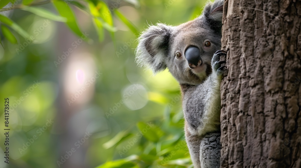 Fototapeta premium Curious Koala Peeking Out from Behind Tree in Serene Forest Environment