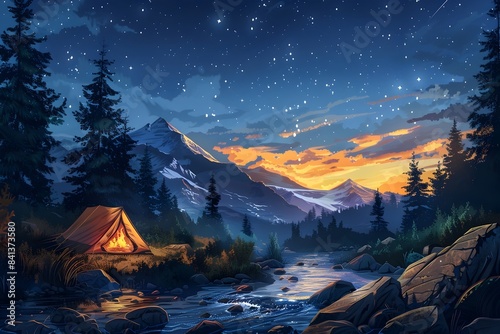 Peaceful Campsite by Mountain Stream Under Starry Night Sky Nature Landscape Serenity Concept with Copy Space
