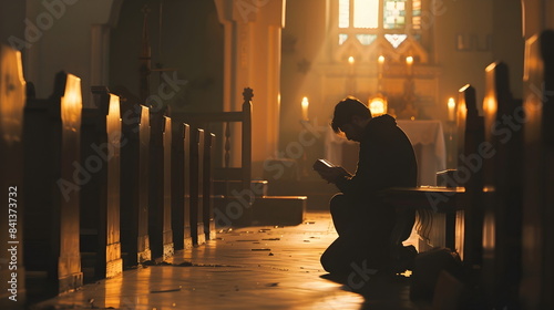 Man Praying Church Golden Hour Spiritual Reflection Peaceful Solitude