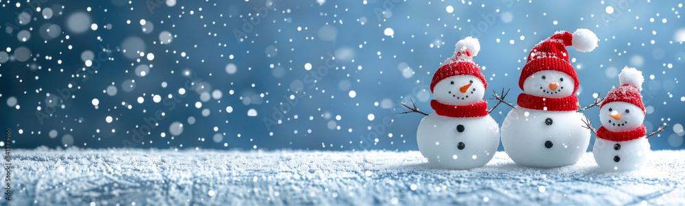Three Snowmen in Red Hats Enjoying Snowfall on a Winter Day. Three Snowmen in Red Hats Enjoying Snowfall on a Winter Day.