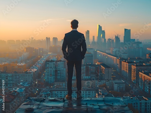 Successful Businessman Stands Tall on Rooftop Overlooking Vibrant Business District Symbolizing Growth Achievement and Bright Future © Thares2020