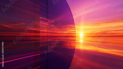 A vibrant sunset with deep purples and fiery oranges, viewed through a gradient multilayer glass texture, 3D rendering. photo