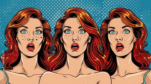 Startled redhead woman in pop art style, surprised female with vibrant red hair design