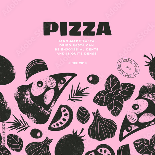 Italian pizza design template. Pizza Margherita with tomatoes and mozzarella background. Vector illustration