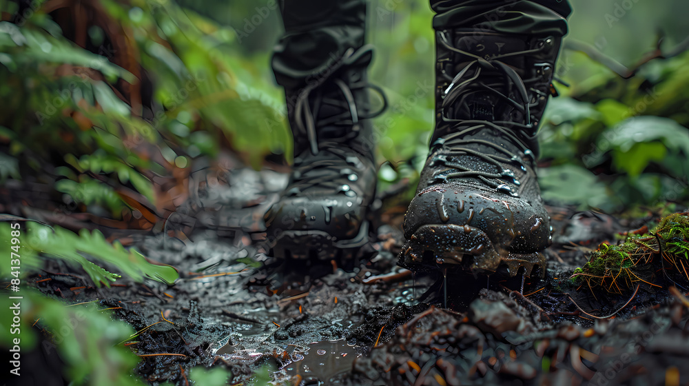 A person is walking through a muddy forest with their boots in the mud A person is walking through a muddy forest with their boots in the mud