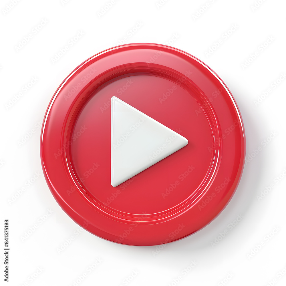 3D red play button top view isolated on white background
