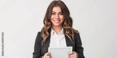 A beautiful young woman in her late twenties is portrayed in an extremely realistic photo. She is wearing professional attire and holding a tablet computer or smartphone with both hands while smiling