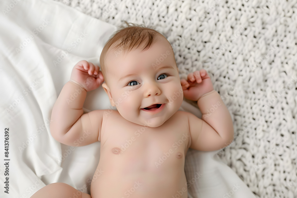 Portrait of Cute newborn Baby lying on her back and smiling at camera top view Portrait of Cute newborn Baby lying on her back and smiling at camera top view
