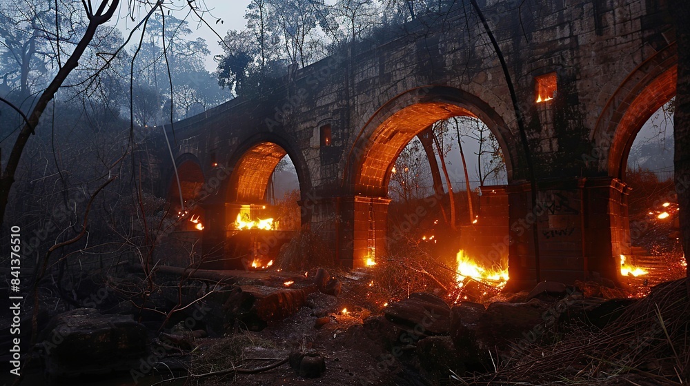 Fototapeta premium Burning Heritage, Ancient Stone Arches Amidst Flames . Generative Ai