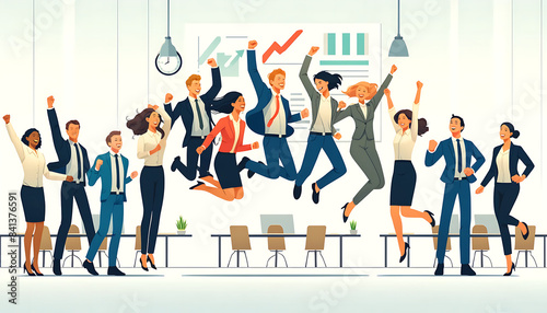 Illustration d'une équipe célébrant le succès. Les employés en tenue professionnelle sautent de bonheur dans un bureau , soulignant la collaboration et la victoire collective