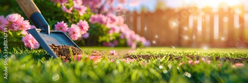 A shovel lying on a grassy lawn with pink flowers blooming in the background photo