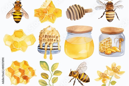 bee, honey, and beehive related icons collection in the style of watercolor on a white background photo