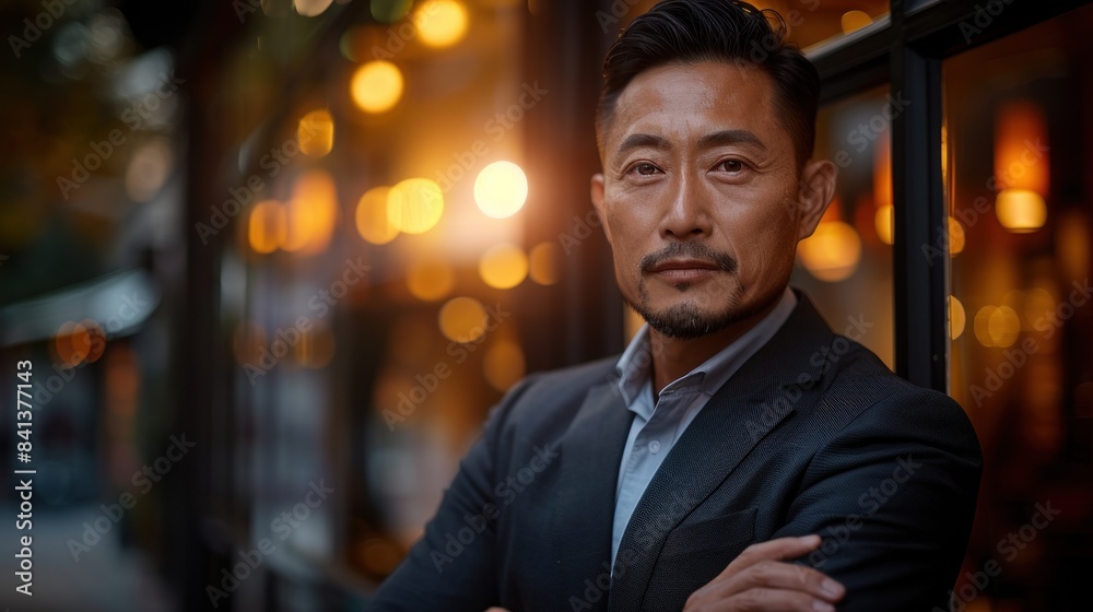 A man in a suit stands confidently with his arms crossed, illuminated by the warm glow of city lights A man in a suit stands confidently with his arms crossed, illuminated by the warm glow of city lights