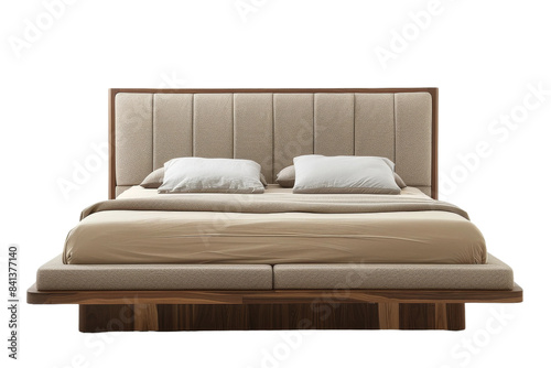 Front view of A comfortable bed with brown bed-sheet and cushions theme © rzrstudio