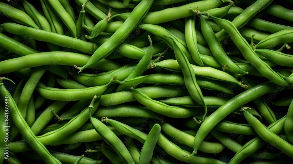 Green beans with water drops on a black background. Top view. Green beans with water drops on a black background. Top view.