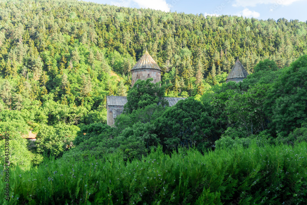 Fototapeta premium The domes of the churches of the Sapara monastery illuminated by the sun among the trees