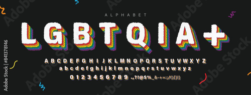 Pride month LGBTQIA+ rainbow color typography font text design with alphabet letters and numbers, vector design on dark background