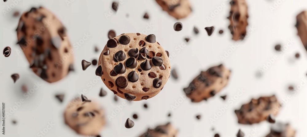 Levitating cookies falling gracefully on white background, creating a mesmerizing display