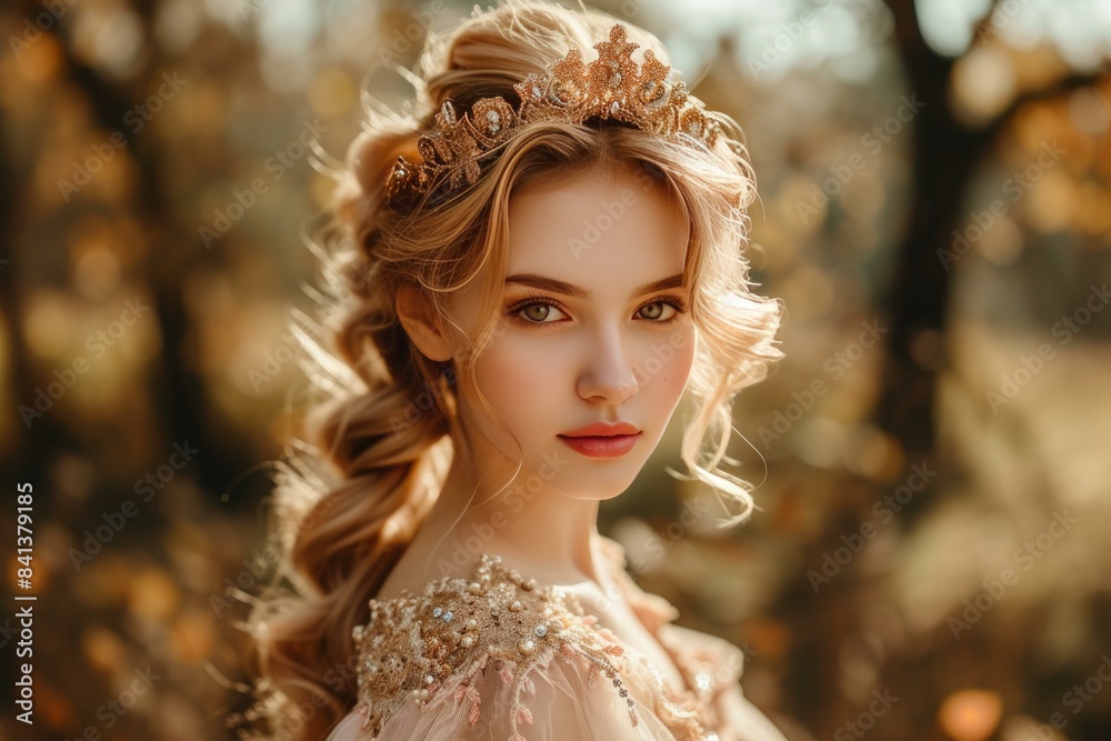 Fototapeta premium Graceful Beautiful young princess. Blonde elegant regal daughter posing indoor. Generate ai