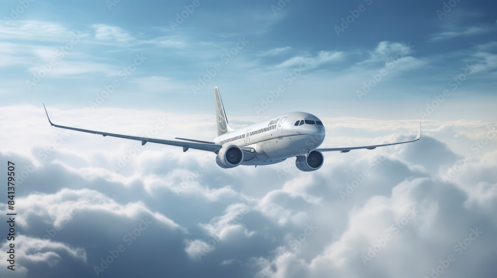 Obraz premium Commercial airplane flying above clouds in the blue sky.