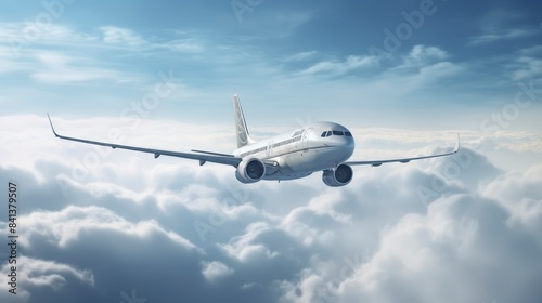 Commercial airplane flying above clouds in the blue sky.