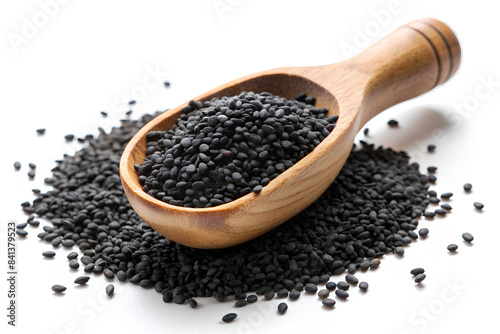 Black sesame in scoop on isolate white background