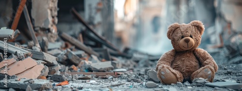 Ruins, kids teddy bear toys burned over the city, war conflict, earthquake or world war fire and smoke for children peace innocence as copy space banner, 4k HD wallpaper, background, generated by AI.