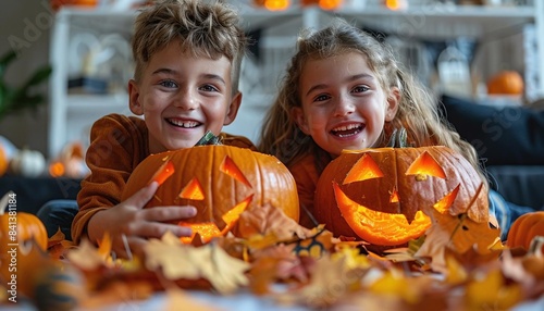 Familyfriendly Halloween event with pumpkin carving, costume contest, and trickortreating activities photo