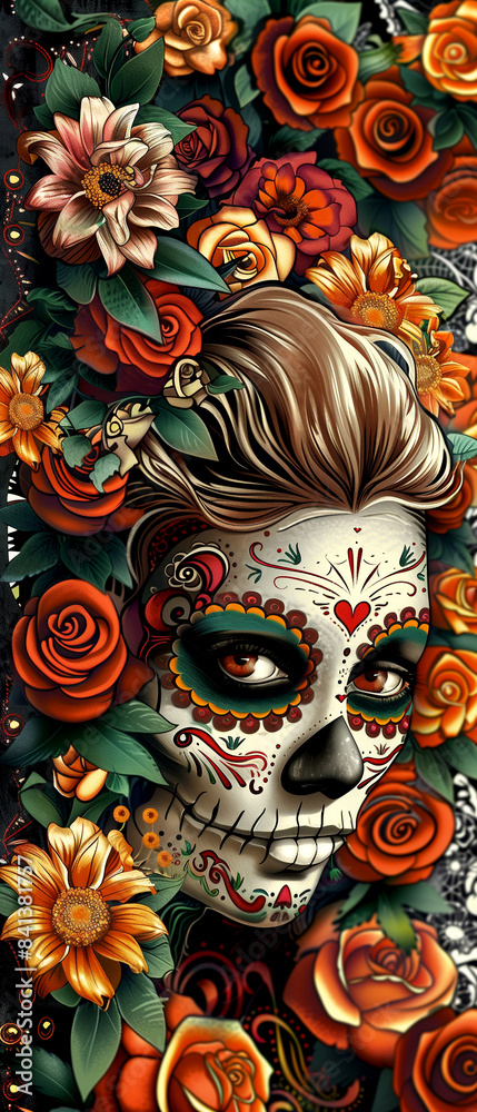 A woman's face is drawn on a poster with flowers and a skull. The flowers are orange and pink, and the skull is decorated with flowers and a heart. The poster has a festive and colorful vibe A woman's face is drawn on a poster with flowers and a skull. The flowers are orange and pink, and the skull is decorated with flowers and a heart. The poster has a festive and colorful vibe