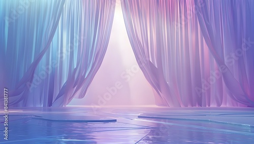 A large stage with blue water and white silk floating in the air, creating an ethereal scene 