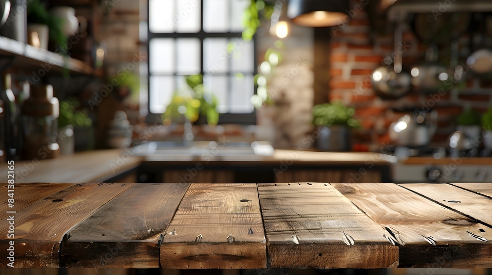Rustic Wooden Table With Blurred Kitchen Background for Product Display Rustic Wooden Table With Blurred Kitchen Background for Product Display