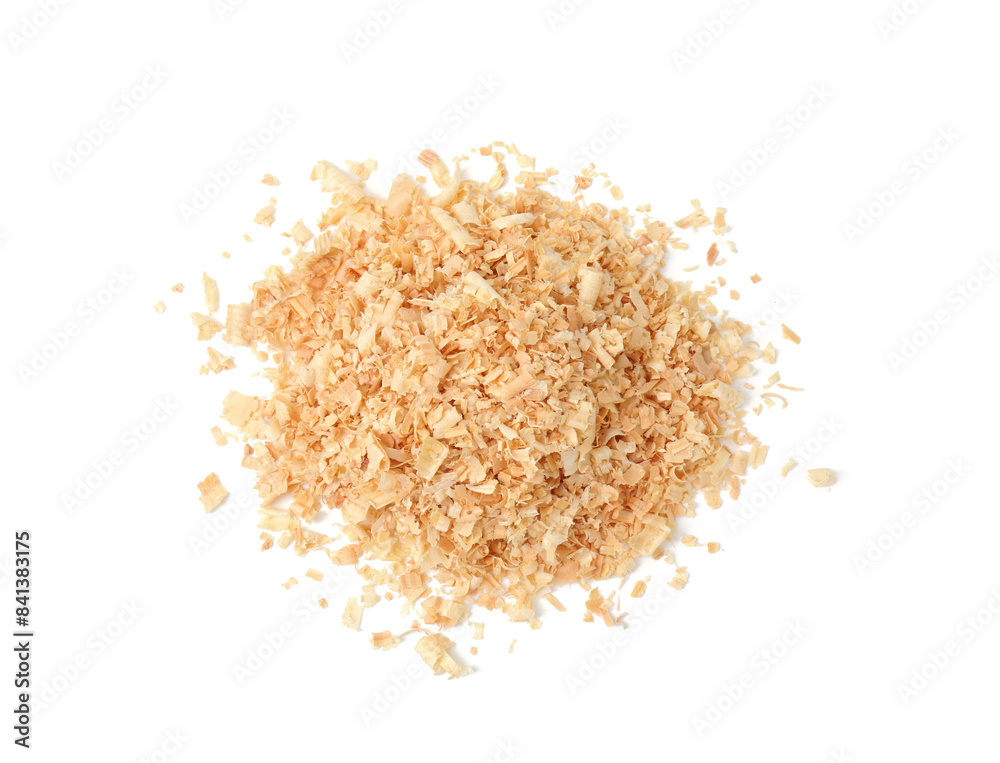 Pile of natural sawdust isolated on white, top view Pile of natural sawdust isolated on white, top view
