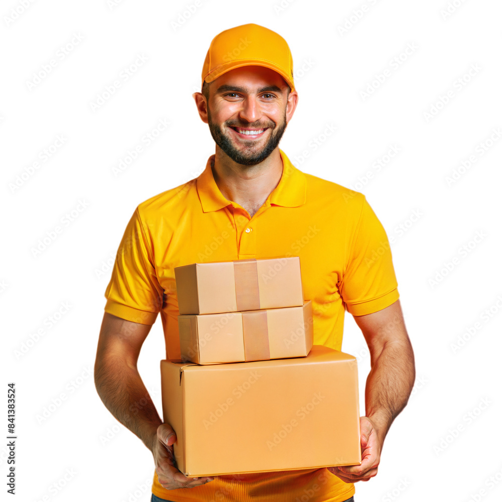a delivery man lifting parcels box isolated on white background a delivery man lifting parcels box isolated on white background