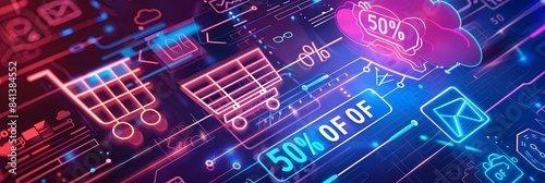 An abstract background with neon shopping carts, product icons, and a bold 50% OFF text, showcasing the digital landscape of online sales. Generative AI