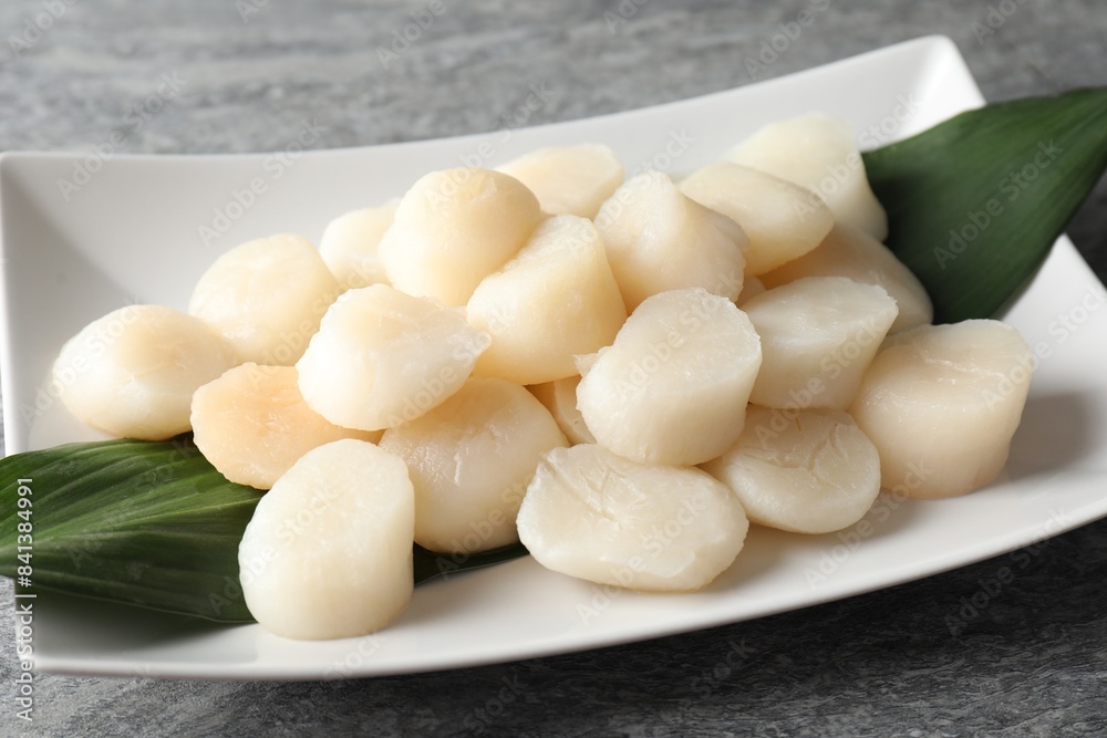 Fresh raw scallops on grey table, closeup Fresh raw scallops on grey table, closeup