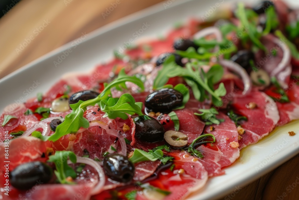 Succulent Beef carpaccio olives. Cold table food. Generate Ai Succulent Beef carpaccio olives. Cold table food. Generate Ai
