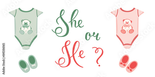 Greeting card He or She. Vector invitation card template for baby gender reveal party. Color illustration with clothes for newborns on a white background.