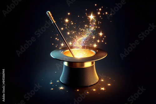 Magic hat and magic wand Isolated on black background photo