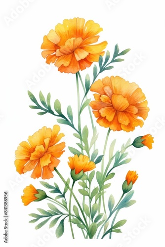 marigold themed frame or border for photos . with orange and yellow blooms. watercolor illustration, white color background. Botanical border for wallpaper or wrapping.
