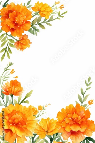 marigold themed frame or border for photos . with orange and yellow blooms. watercolor illustration, white color background. Botanical border for wallpaper or wrapping.