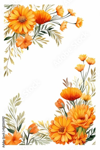 marigold themed frame or border for photos . with orange and yellow blooms. watercolor illustration, white color background. Botanical border for wallpaper or wrapping.