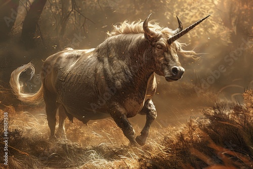 Enigmatic Unicorn Bull: Picture a powerful bull with a slender, spiraling horn emerging from its brow © Mari