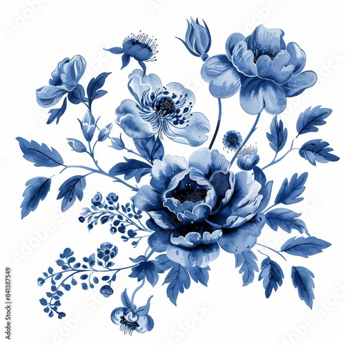 Bouquet of chinoiserie floral deep blue color