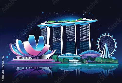 a vector design of singapore marina bay sands at night with starry skies