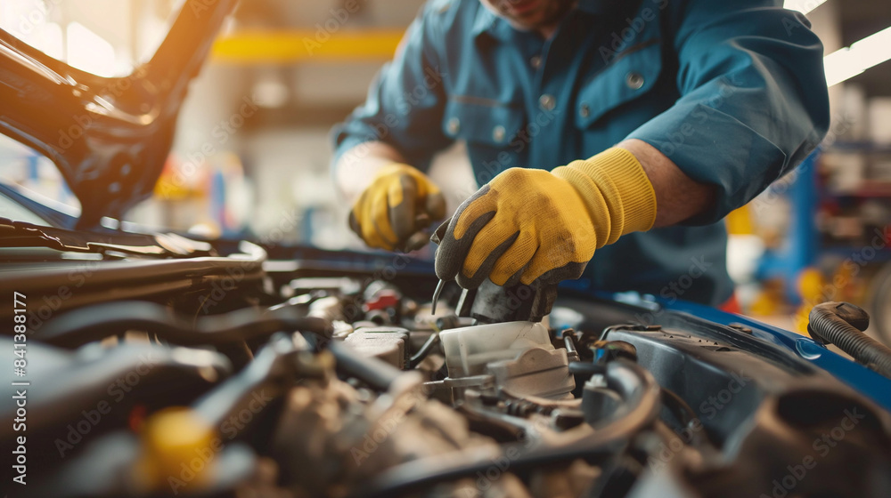 A mechanic inspecting a car's engine, tools and equipment visible in the background A mechanic inspecting a car's engine, tools and equipment visible in the background