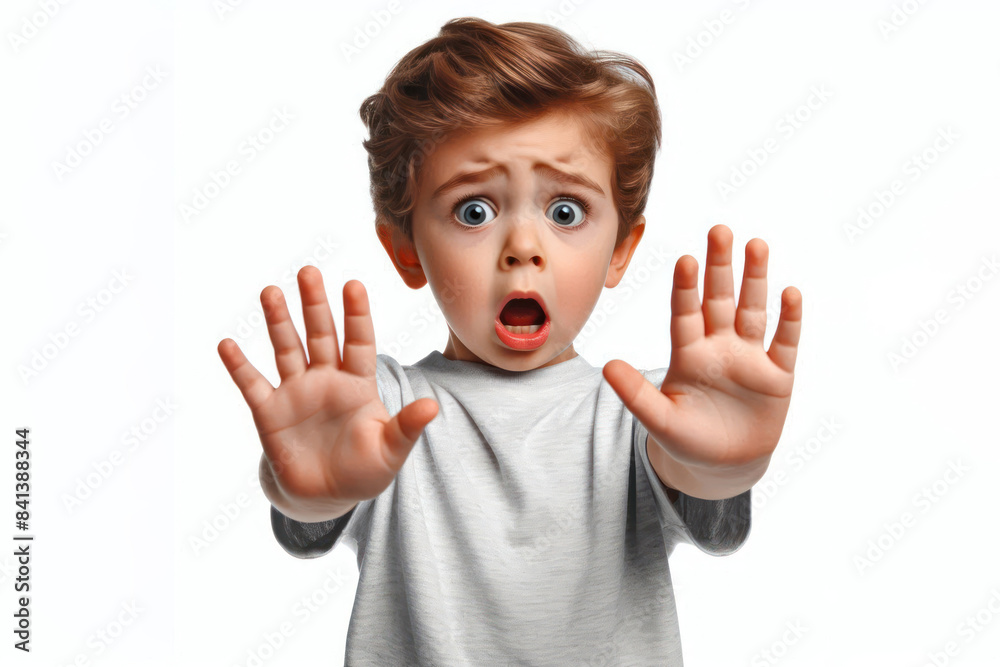 Funny child showing STOP gesture sign Isolated on white background Funny child showing STOP gesture sign Isolated on white background
