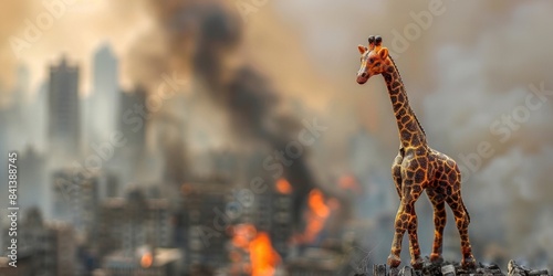 Ruins  kids giraffe toy burnt over the city  war conflict  earthquake or world war fire and smoke for children peace innocence as copy space banner  4k HD wallpaper  background  generated by AI