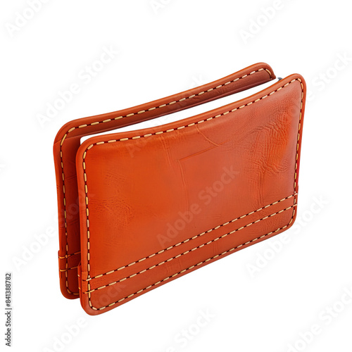 A small, brown leather wallet with stitching detail. The wallet is closed and lying on its side.
