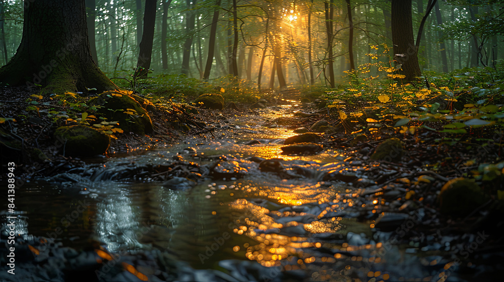 Obraz premium A stream of water flows through a forest, with sunlight reflecting off the water