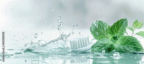 Floating Toothbrush for Dental Care and Oral Hygiene with Water Splashes and Fresh Mint Leaves